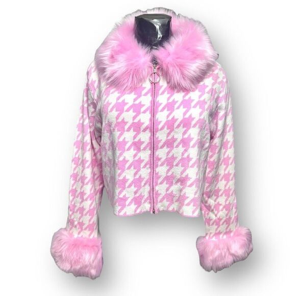 Show Me Your MuMu 3X Pink Houndstooth Faux Fur Zip Jacket Barbiecore Coquette - Picture 2 of 9